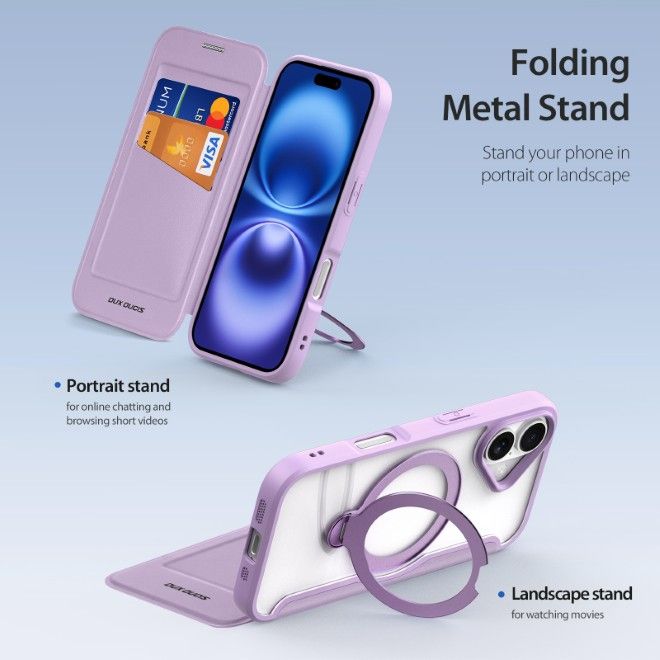 Dux Ducis - iPhone 17 Hülle - Leder Bookcover mit Ring Standfunktion - Skin X Pro 360° Ring Stand Series - purpur