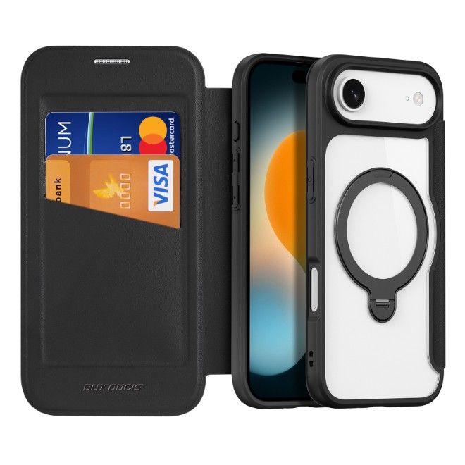 Dux Ducis - iPhone Air Hülle - Leder Bookcover mit Ring Standfunktion - Skin X Pro 360° Ring Stand Series - schwarz