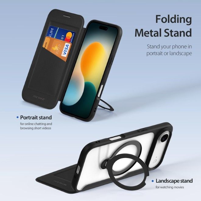 Dux Ducis - iPhone Air Hülle - Leder Bookcover mit Ring Standfunktion - Skin X Pro 360° Ring Stand Series - schwarz