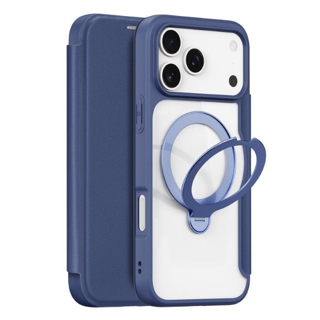 Dux Ducis - iPhone 17 Pro Hülle - Leder Bookcover mit Ring Standfunktion - Skin X Pro 360° Ring Stand Series - blau