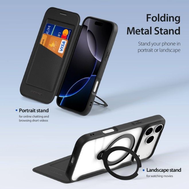 Dux Ducis - iPhone 17 Pro Max Hülle - Leder Bookcover mit Ring Standfunktion - Skin X Pro 360° Ring Stand Series - schwarz