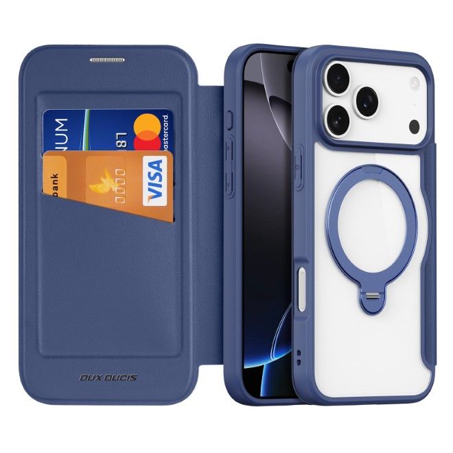 Dux Ducis - iPhone 17 Pro Max Hülle - Leder Bookcover mit Ring Standfunktion - Skin X Pro 360° Ring Stand Series - blau