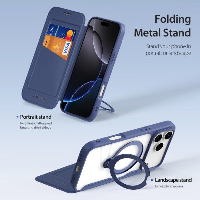 Dux Ducis - iPhone 17 Pro Max Hülle - Leder Bookcover mit Ring Standfunktion - Skin X Pro 360° Ring Stand Series - blau