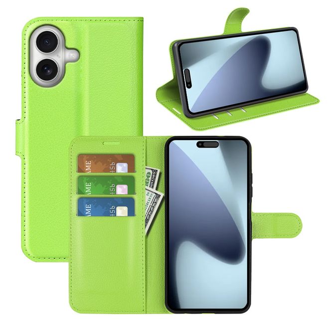 iPhone 17 Handy Hülle - Litchi Leder Bookcover Series - grün