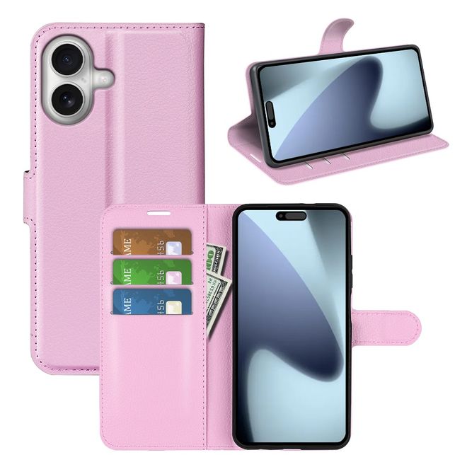 iPhone 17 Handy Hülle - Litchi Leder Bookcover Series - rosa