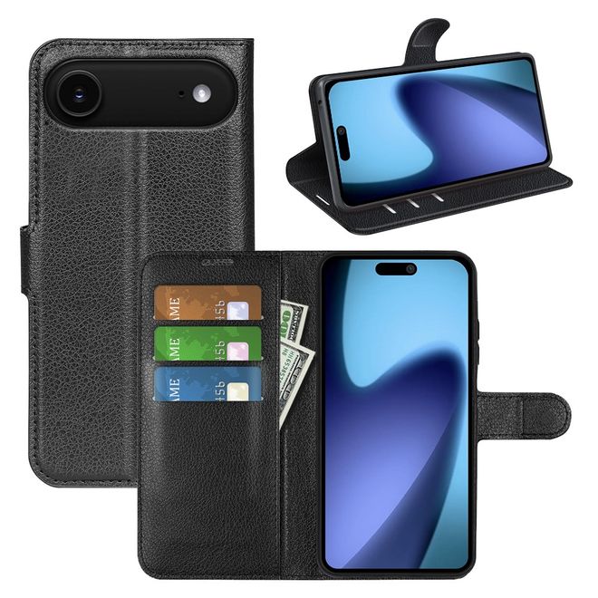 iPhone Air Handy Hülle - Litchi Leder Bookcover Series - schwarz