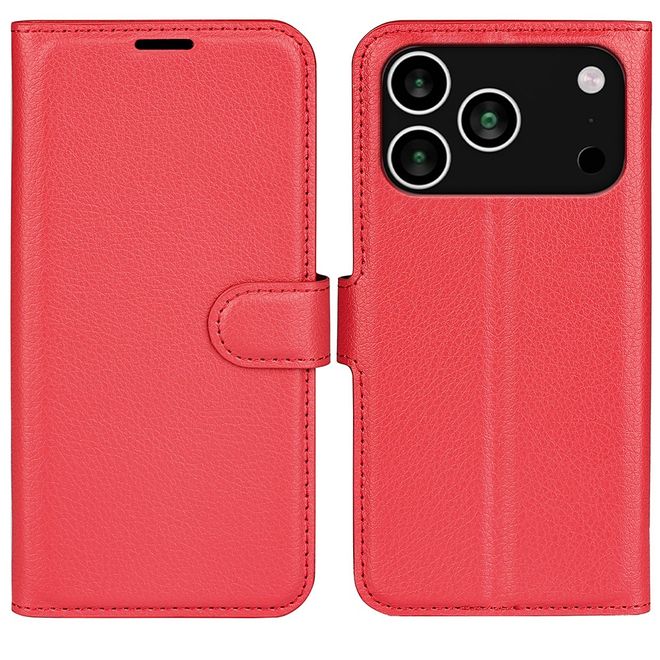 iPhone 17 Pro Max Handy Hülle - Litchi Leder Bookcover Series - rot