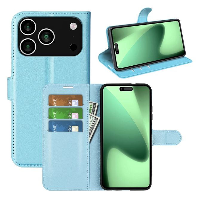 iPhone 17 Pro Max Handy Hülle - Litchi Leder Bookcover Series - blau