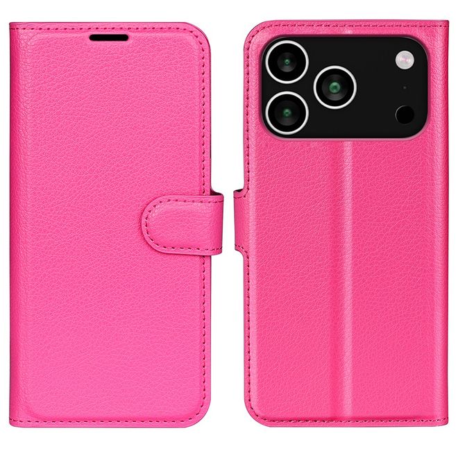 iPhone 17 Pro Max Handy Hülle - Litchi Leder Bookcover Series - pink