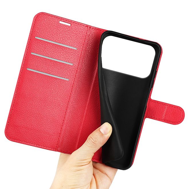 iPhone 17 Pro Handy Hülle - Litchi Leder Bookcover Series - rot