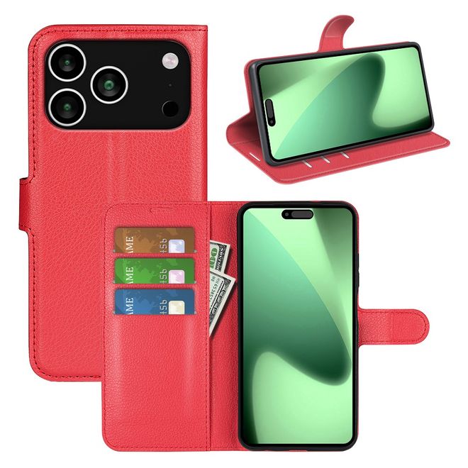 iPhone 17 Pro Handy Hülle - Litchi Leder Bookcover Series - rot