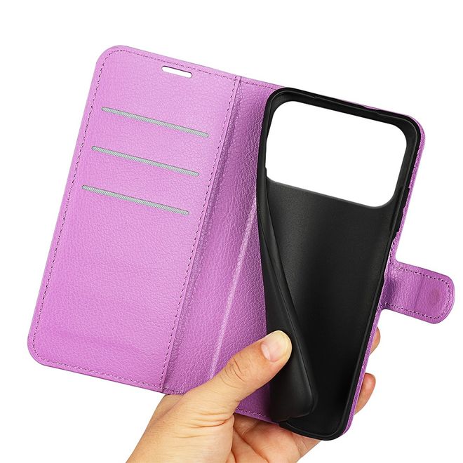 iPhone 17 Pro Handy Hülle - Litchi Leder Bookcover Series - purpur