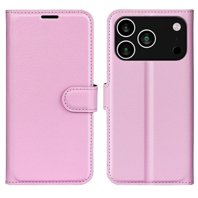 iPhone 17 Pro Handy Hülle - Litchi Leder Bookcover Series - rosa