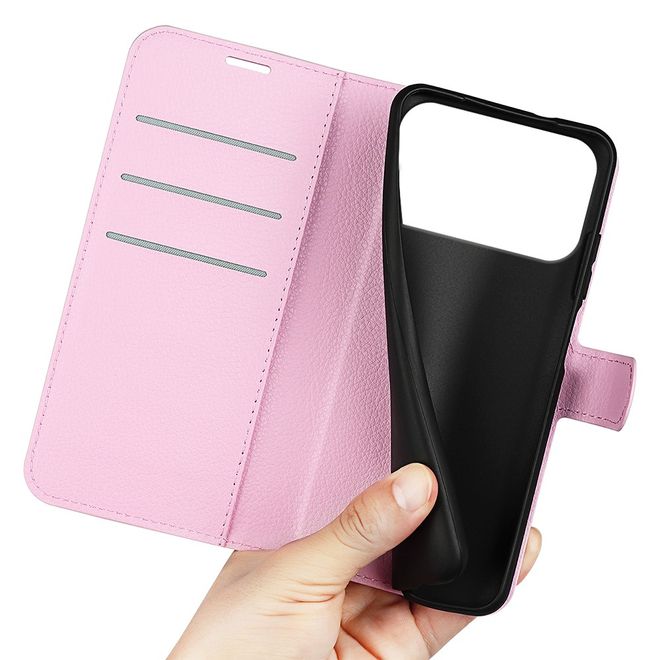 iPhone 17 Pro Handy Hülle - Litchi Leder Bookcover Series - rosa