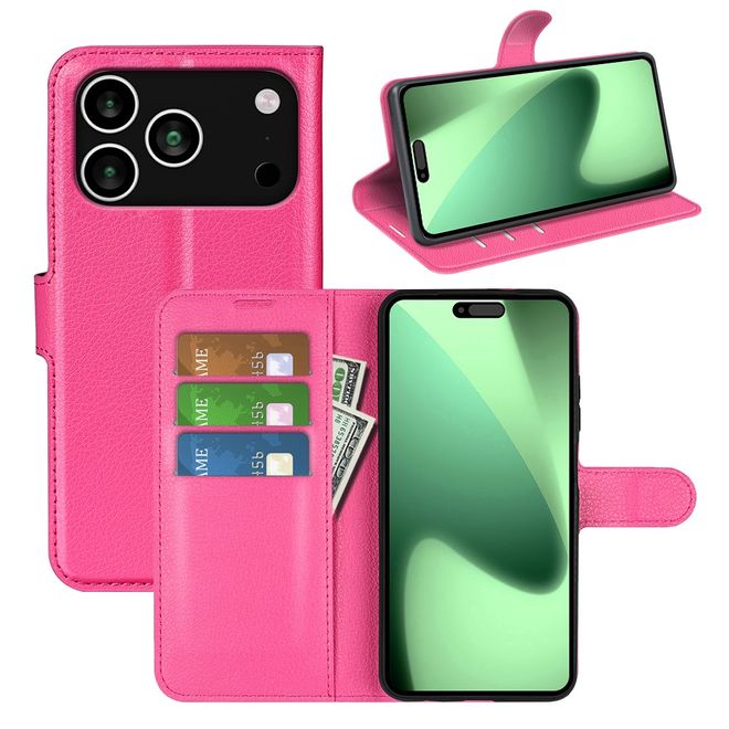 iPhone 17 Pro Handy Hülle - Litchi Leder Bookcover Series - pink