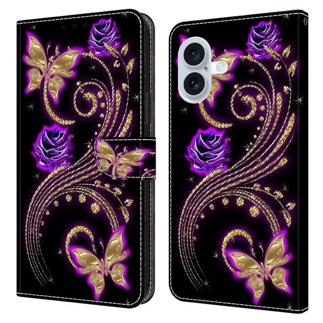 iPhone 17 Handy Hülle - Leder Bookcover Image Series - purpurne Blumen und Schmetterling