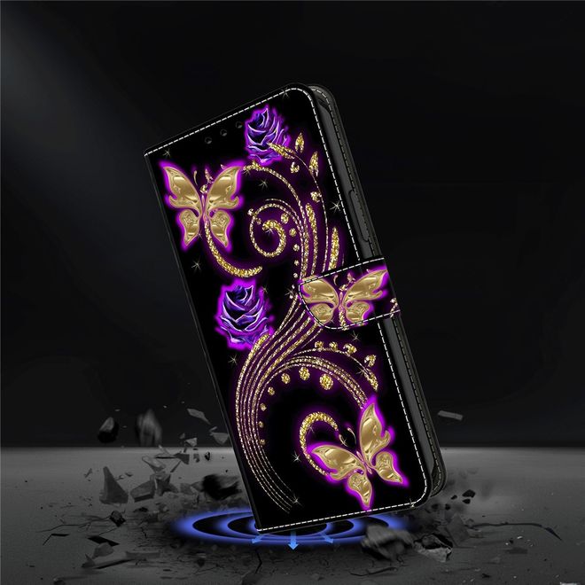 iPhone 17 Handy Hülle - Leder Bookcover Image Series - purpurne Blumen und Schmetterling