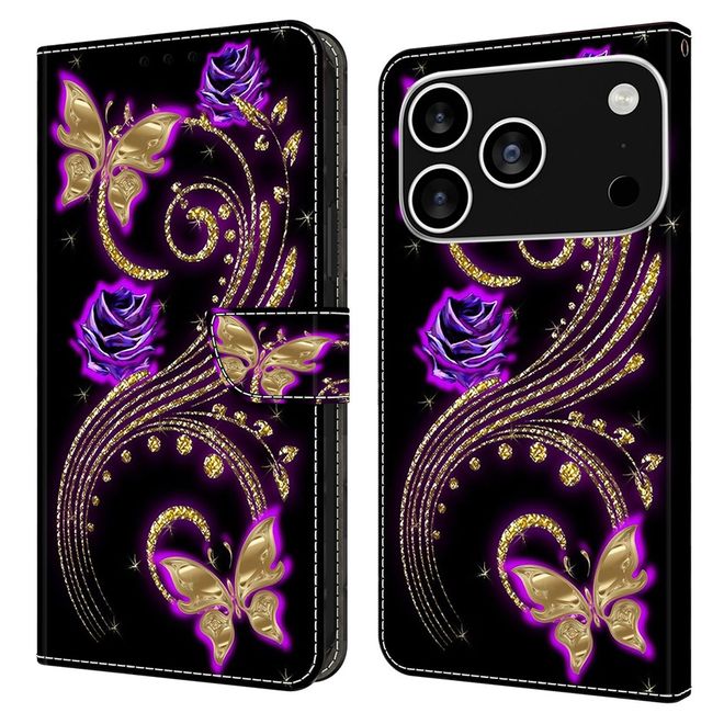 iPhone 17 Pro Max Handy Hülle - Leder Bookcover Image Series - purpurne Blumen und Schmetterling