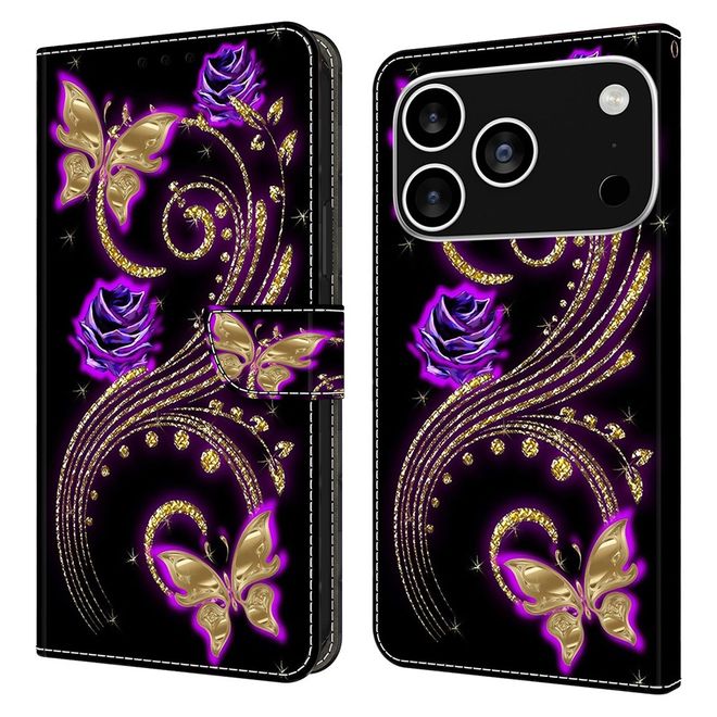 iPhone 17 Pro Handy Hülle - Leder Bookcover Image Series - purpurne Blumen und Schmetterling