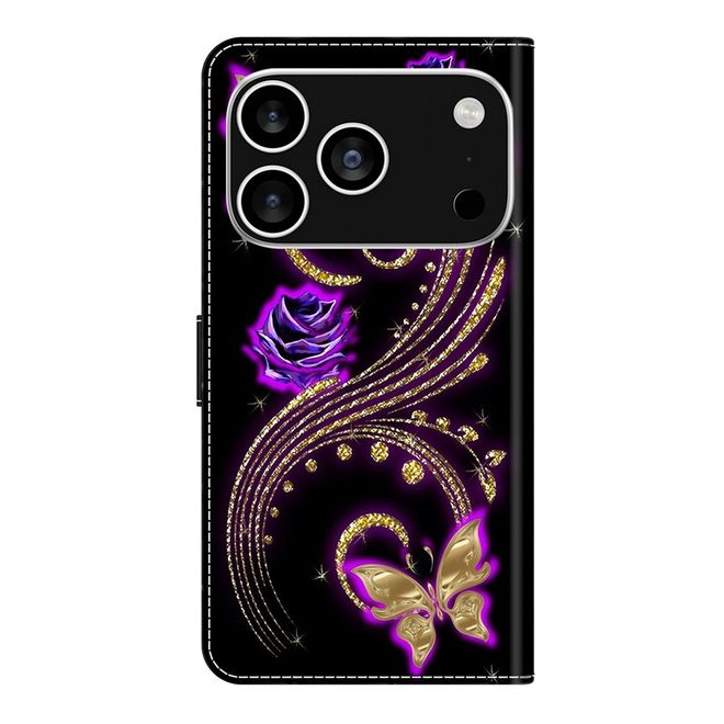 iPhone 17 Pro Handy Hülle - Leder Bookcover Image Series - purpurne Blumen und Schmetterling