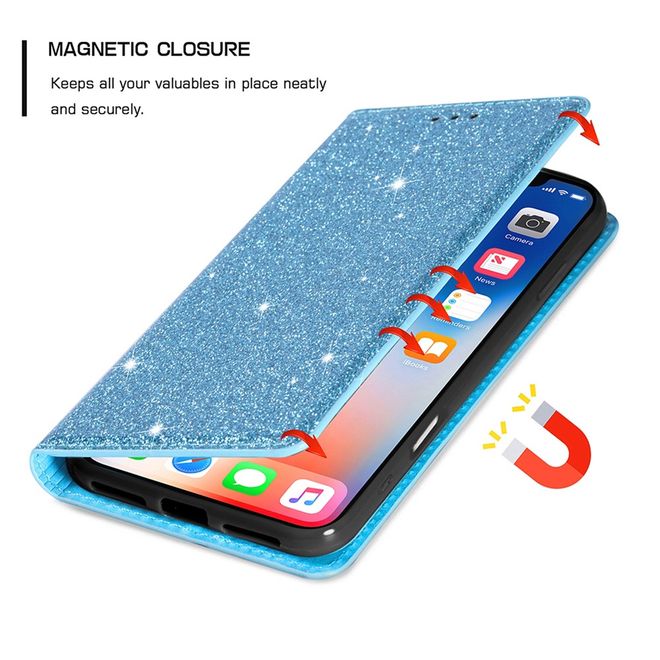 iPhone 17 Pro Handy Hülle - Glitzer Leder Bookcover - PU Leather Bling Series - blau