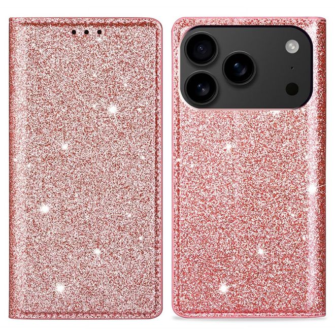 iPhone 17 Pro Handy Hülle - Glitzer Leder Bookcover - PU Leather Bling Series - rosegold
