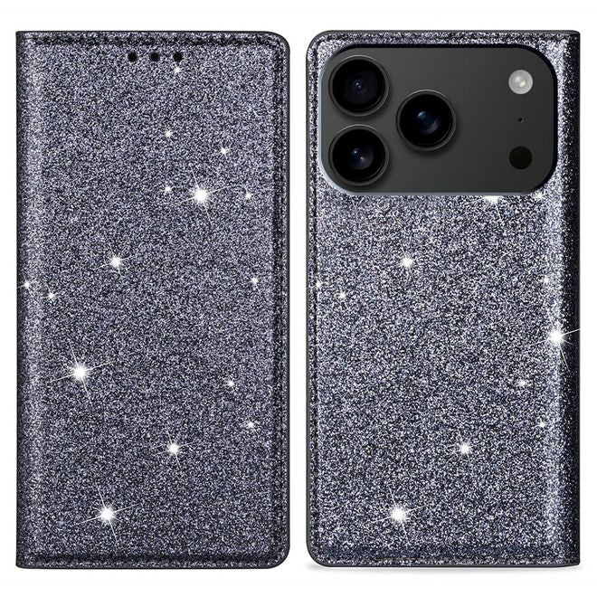iPhone 17 Pro Handy Hülle - Glitzer Leder Bookcover - PU Leather Bling Series - grau