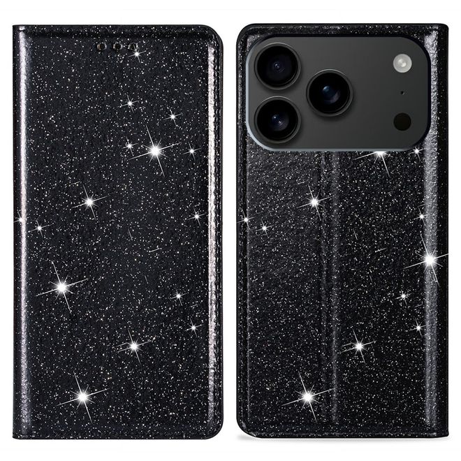 iPhone 17 Pro Handy Hülle - Glitzer Leder Bookcover - PU Leather Bling Series - schwarz