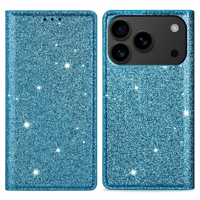 iPhone 17 Pro Max Handy Hülle - Glitzer Leder Bookcover - PU Leather Bling Series - blau