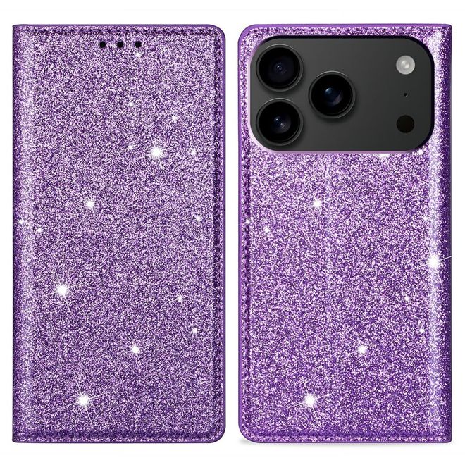 iPhone 17 Pro Max Handy Hülle - Glitzer Leder Bookcover - PU Leather Bling Series - purpur