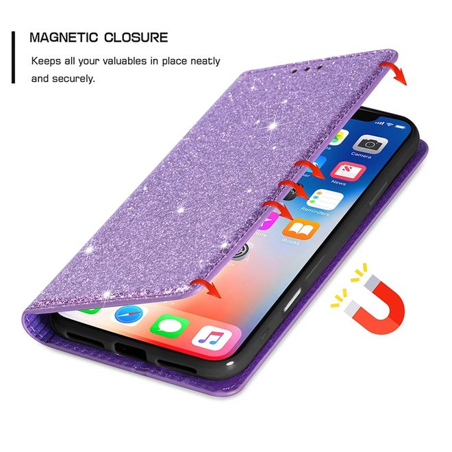 iPhone 17 Pro Max Handy Hülle - Glitzer Leder Bookcover - PU Leather Bling Series - purpur