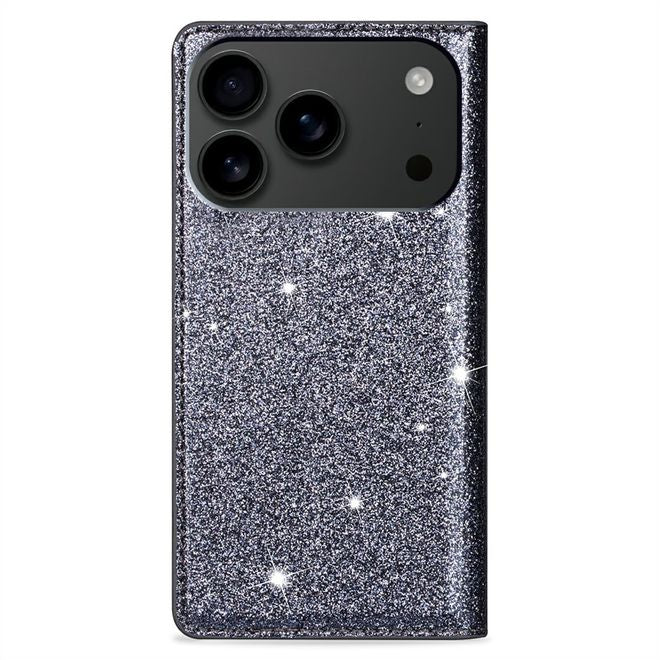 iPhone 17 Pro Max Handy Hülle - Glitzer Leder Bookcover - PU Leather Bling Series - grau