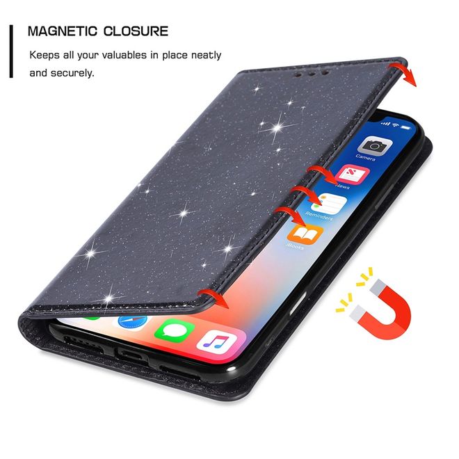iPhone 17 Pro Max Handy Hülle - Glitzer Leder Bookcover - PU Leather Bling Series - schwarz