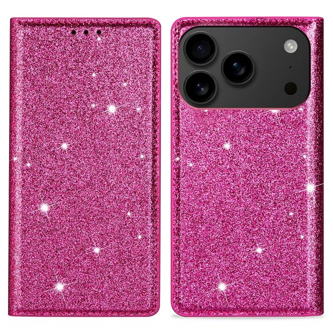 iPhone 17 Pro Max Handy Hülle - Glitzer Leder Bookcover - PU Leather Bling Series - pink