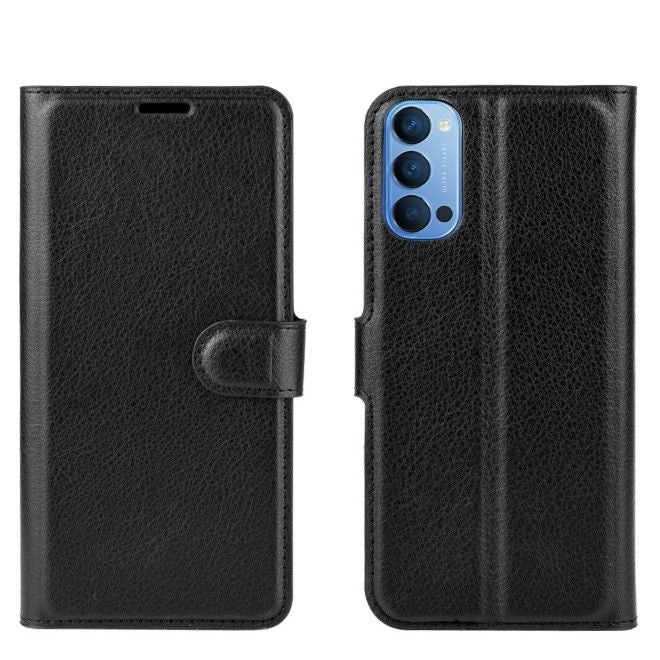 Oppo Reno4 5G Phone Case - Litchi Leather Bookcover Series - Black