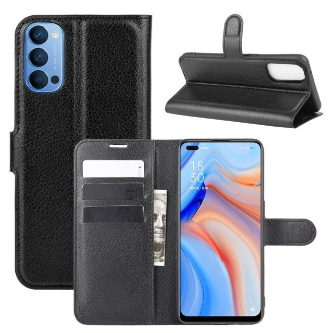 Oppo Reno4 5G Phone Case - Litchi Leather Bookcover Series - Black