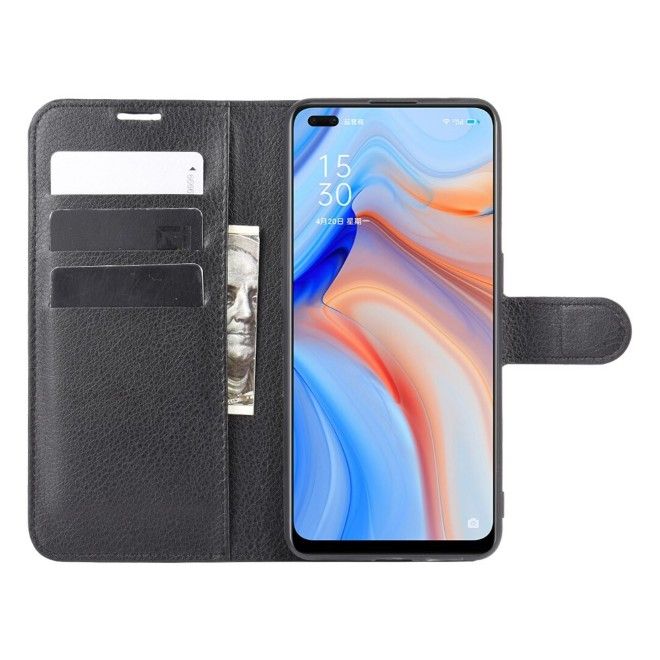 Oppo Reno4 5G Phone Case - Litchi Leather Bookcover Series - Black