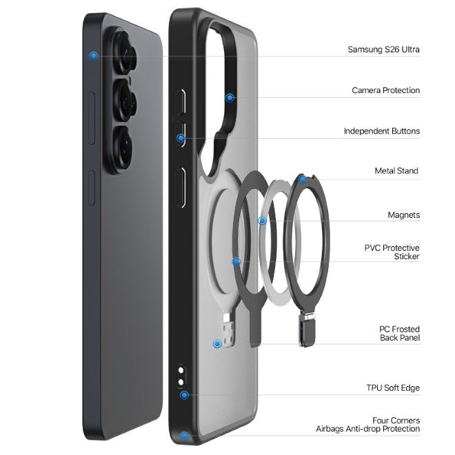 Dux Ducis - Samsung Galaxy S26 Ultra Hülle - TPU und PC Hardcase - MagSafe kompatibel - Yind MagSafe Kickstand Series - schwarz