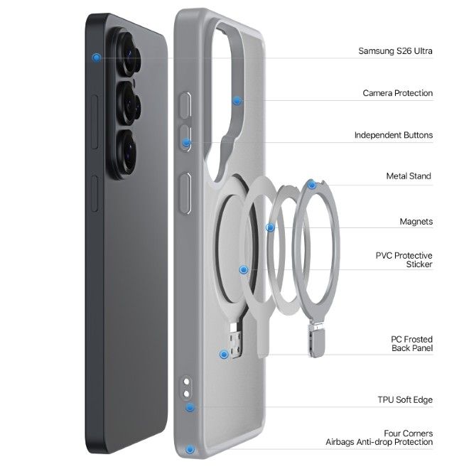 Dux Ducis - Samsung Galaxy S26 Ultra Hülle - TPU und PC Hardcase - MagSafe kompatibel - Yind MagSafe Kickstand Series - grau