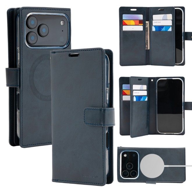 Goospery - iPhone 17 Pro Max Handyhuelle - Kunstleder Bookcover - MagSafe Mansoor Series - navy
