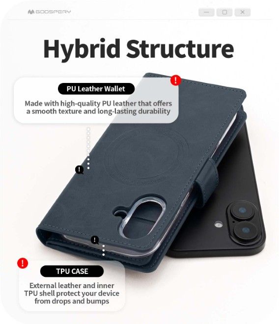 Goospery - iPhone 17 Pro Max Handyhuelle - Kunstleder Bookcover - MagSafe Mansoor Series - navy