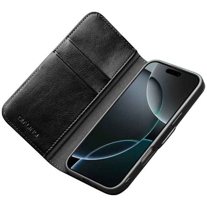 Qialino - iPhone 17 Genuine Leather Case - Genuine Series Bookcover - Black
