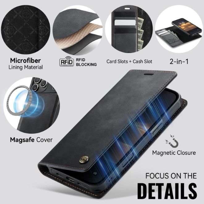 Caseme - iPhone 17 Pro Kunstleder Hülle - Business Series MagSafe Bookcover - schwarz