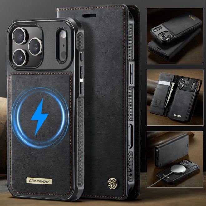Caseme - iPhone 17 Pro Kunstleder Hülle - Business Series MagSafe Bookcover - schwarz