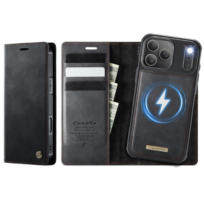 Caseme - iPhone 17 Pro Max Kunstleder Hülle - Business Series MagSafe Bookcover - schwarz