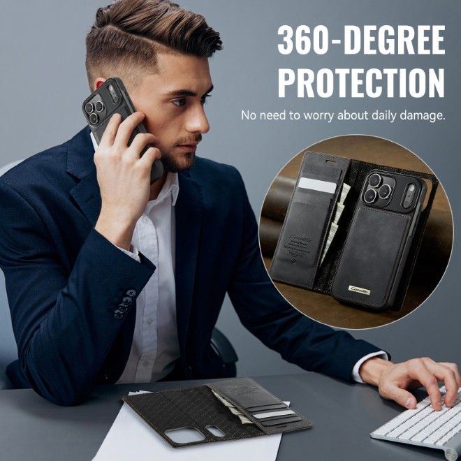 Caseme - iPhone 17 Pro Max Kunstleder Hülle - Business Series MagSafe Bookcover - schwarz