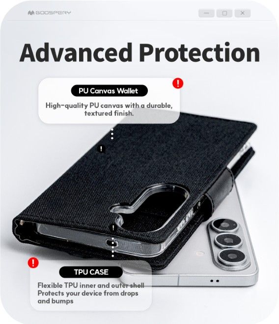 Goospery - Samsung Galaxy S26+ Hülle - Bookcover - Canvas Diary Series - schwarz