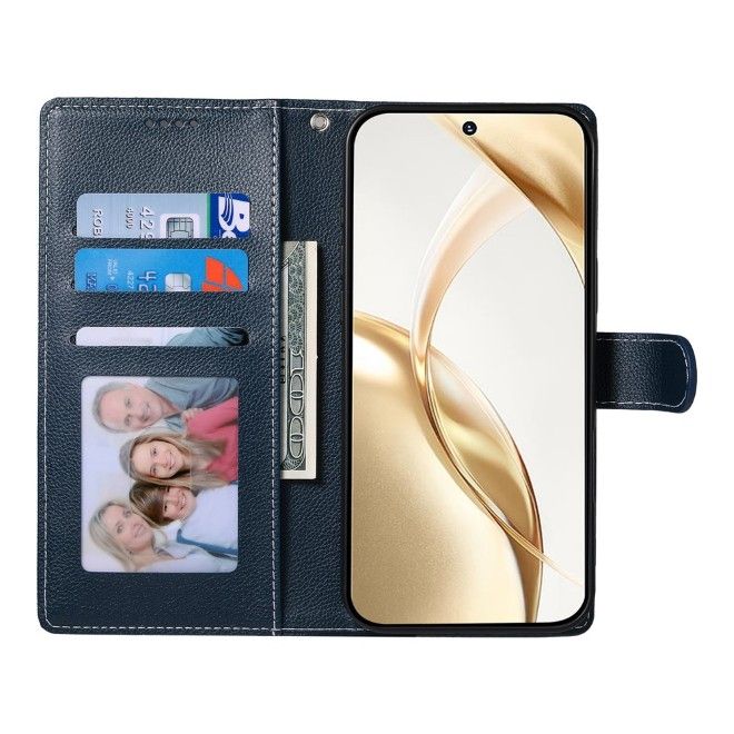 Samsung Galaxy S26 Handy Hülle - Litchi Leder Bookcover Series - dunkelblau