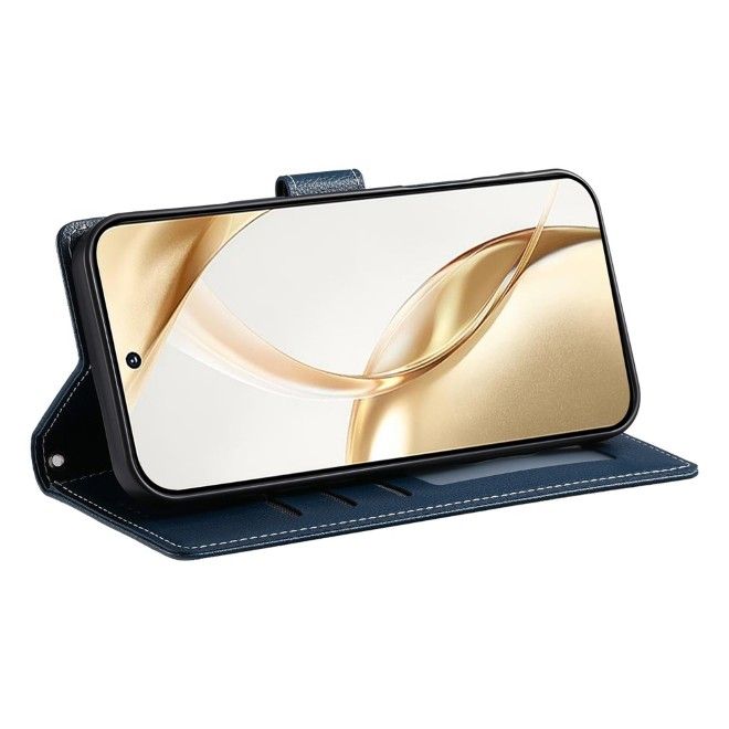 Samsung Galaxy S26 Handy Hülle - Litchi Leder Bookcover Series - dunkelblau