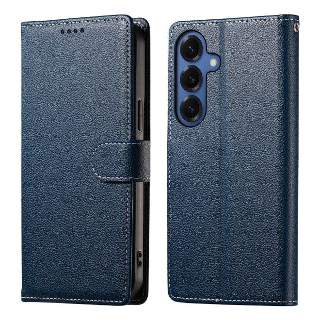 Samsung Galaxy S26+ Handy Hülle - Litchi Leder Bookcover Series - dunkelblau